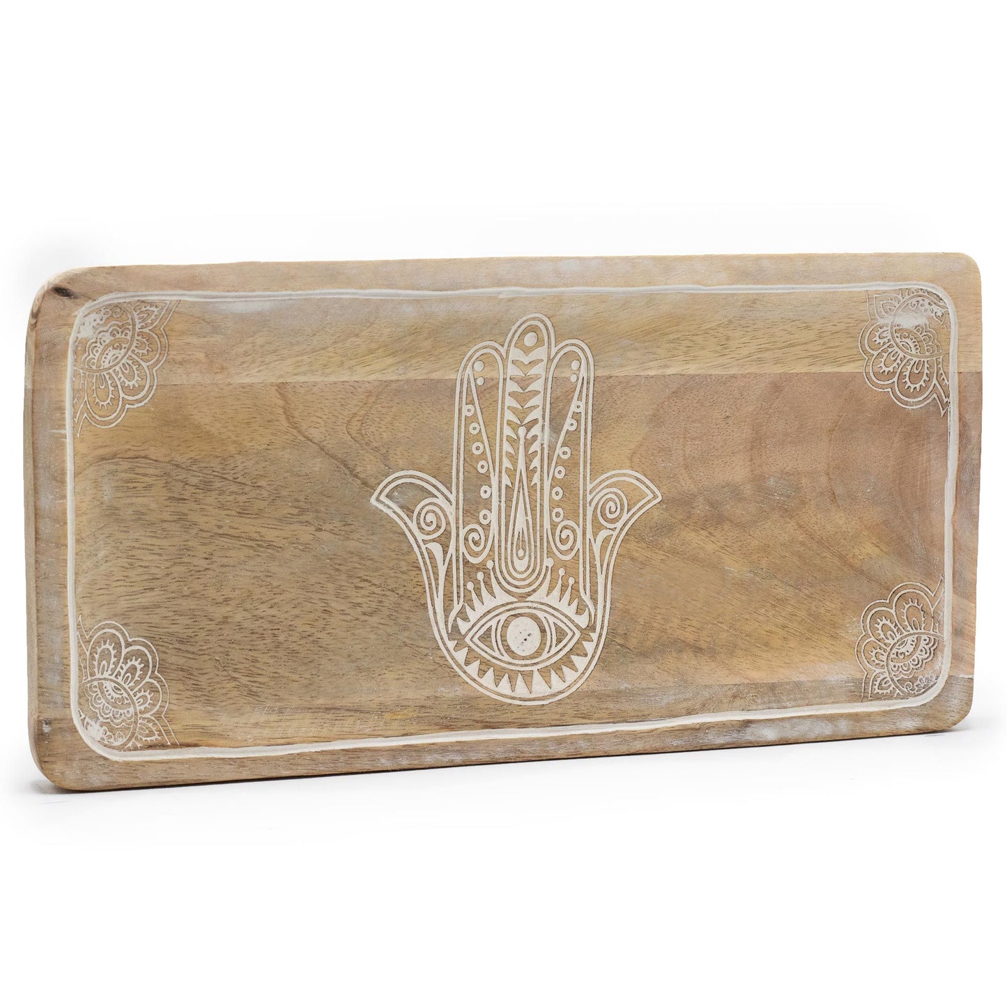 Mangoholz-Tablett mit Hamsa-Gravur - Weiß lasiert, 30x15 cm