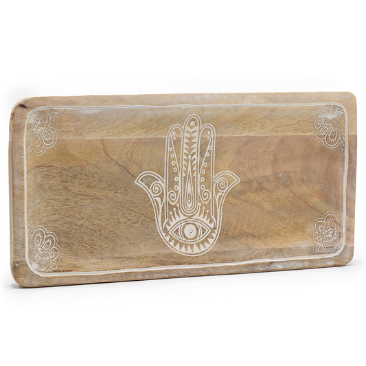 Mangoholz-Tablett mit Hamsa-Gravur - Weiß lasiert, 30x15 cm