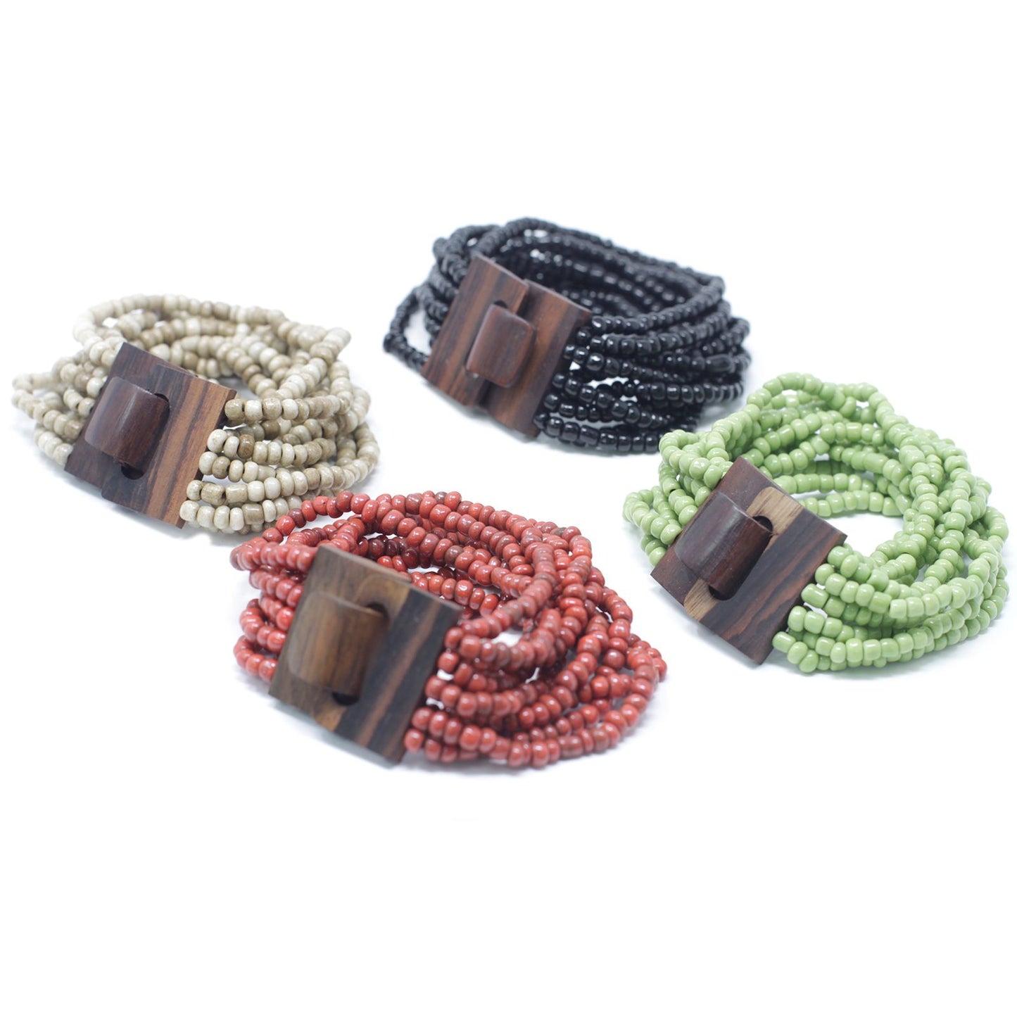 Armband aus Kokosholz mit bunten Perlen und Holzverschluss