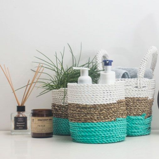 Set aus 3 handgeflochtenen Seegras-Körben in Naturweiß