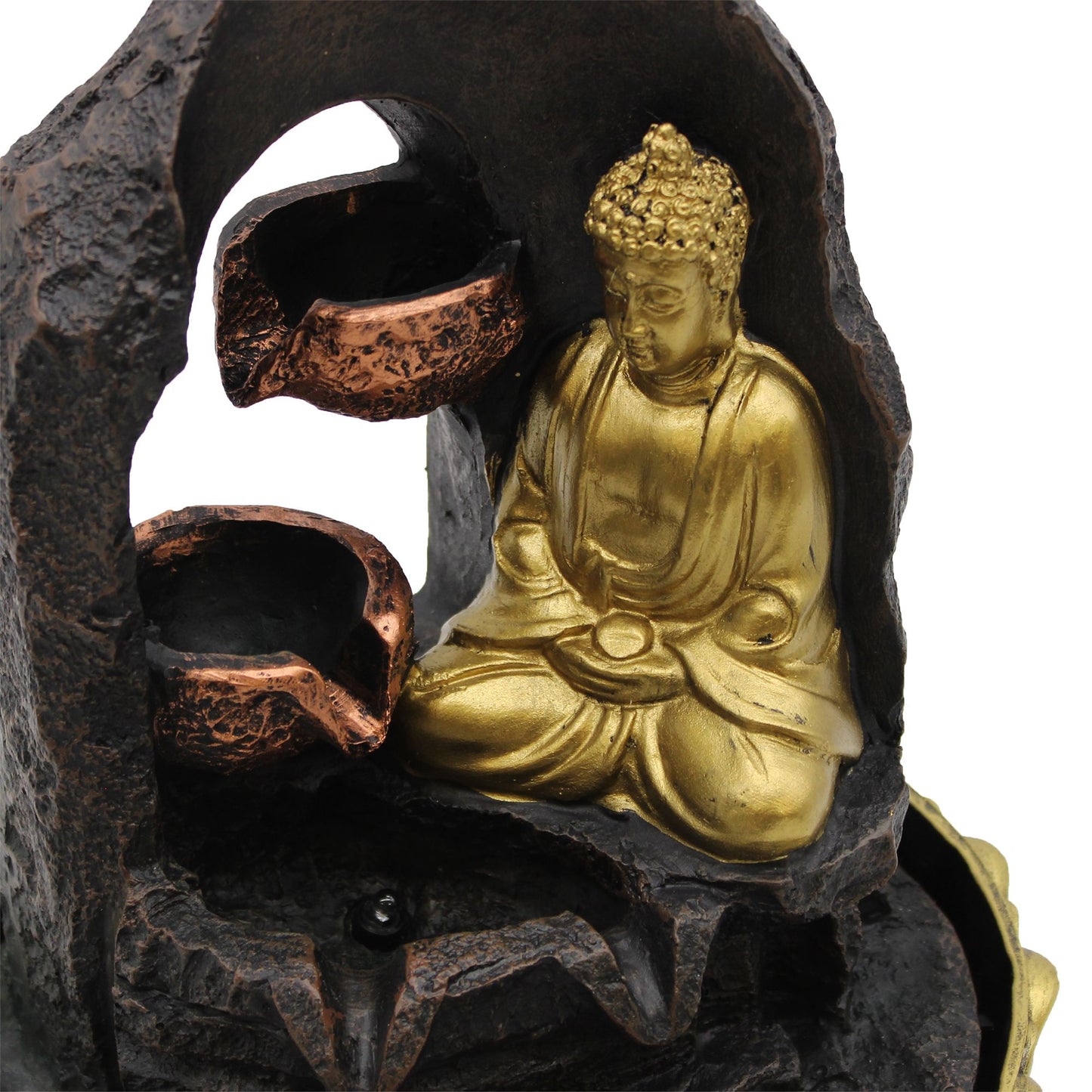 Goldener Buddha Tischbrunnen – Feng Shui Wasserspiel mit LED-Beleuchtung, 30 cm
