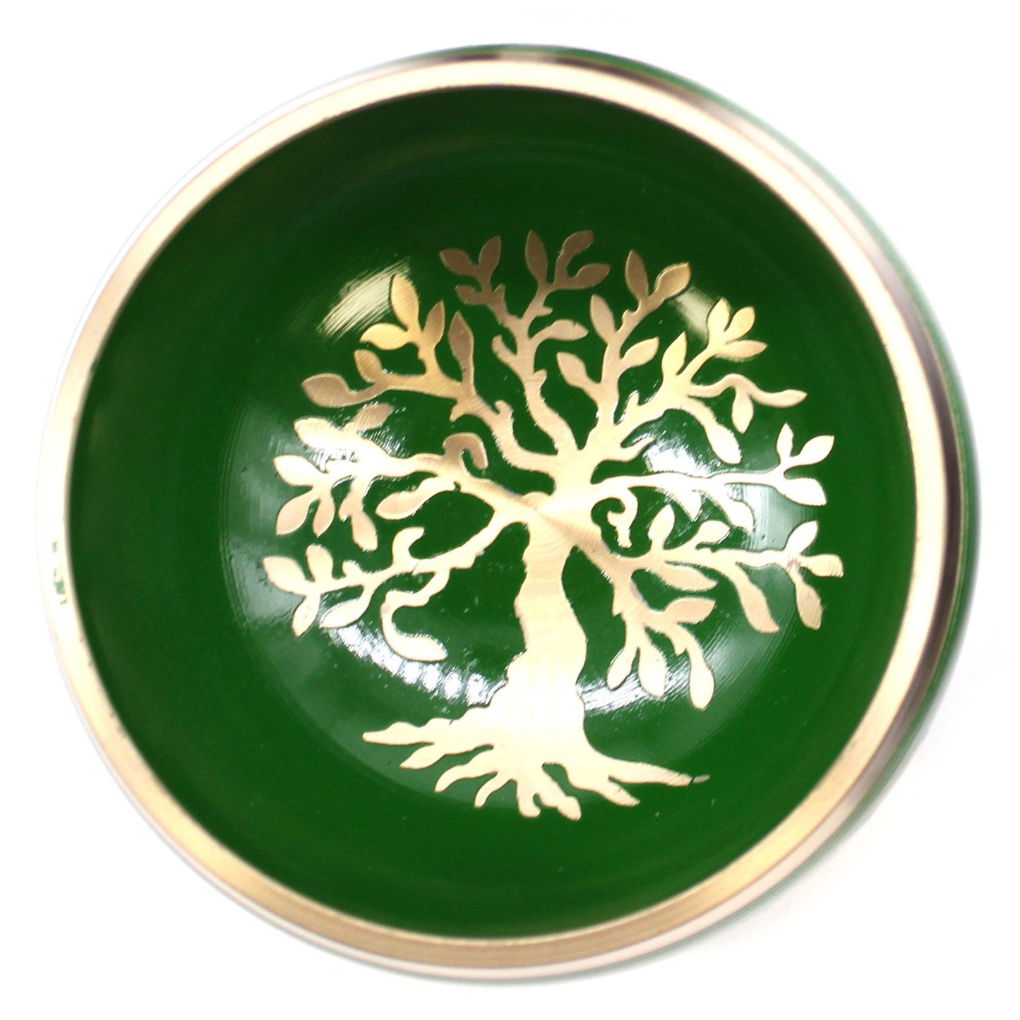 Klangschalen-Set 'Baum des Lebens' in Grün – 10,7 cm Messingschale mit Holzschlägel