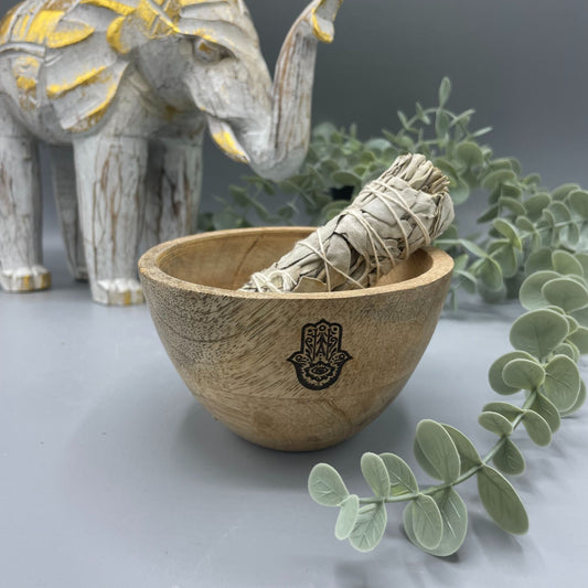 Ritualschale Hamsa-Hand aus Mangoholz – 12 x 7 cm