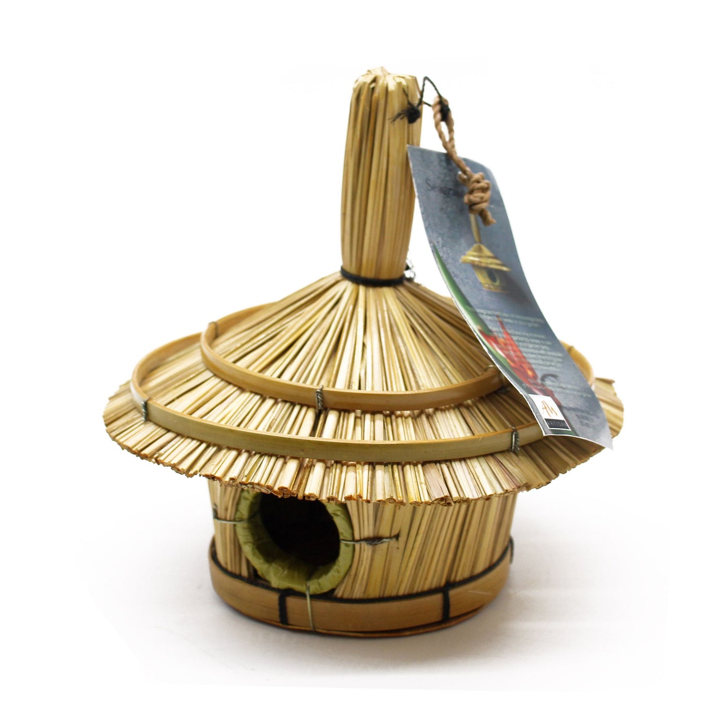 Rundes Vogelhaus aus Seegras mit Bambus-Windspiel | 17x17 cm | Naturdeko für Garten & Balkon
