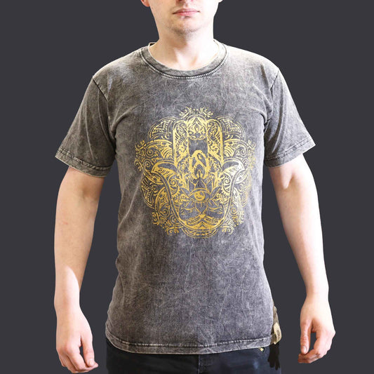 Hamsa Symbol T-Shirt in Dunkelgrau - Steinwäsche Slim Fit