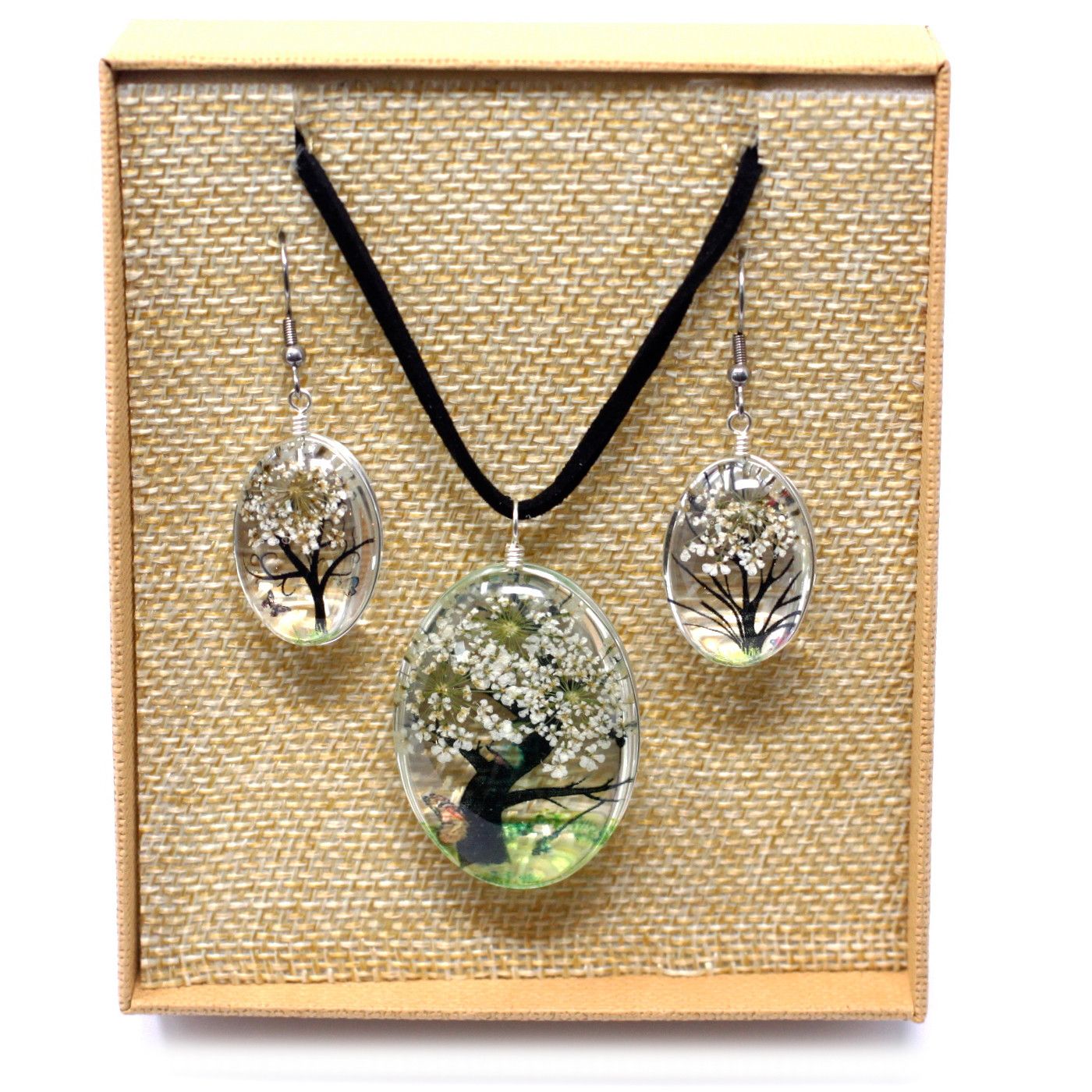 Schmuckset Baum des Lebens in Weiß – Unikat mit echten gepressten Blüten