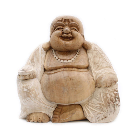 Handgeschnitzte Buddha-Statue aus Suarholz - Weiß gewaschen, 30 cm
