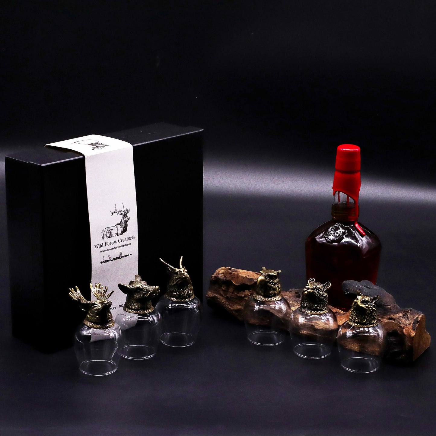 Set mit 6 mystischen Tierglasbechern - Dekoratives Trinkglas mit Antik-Bronze-Fuß