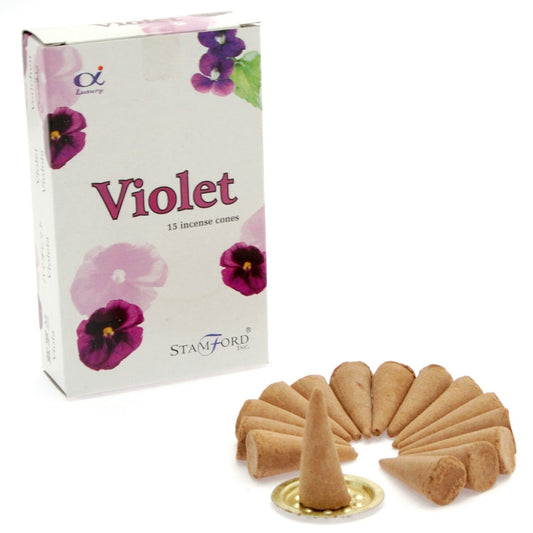 Räucherkegel-Set 'Violette Aura' mit Metallhalter – 15 Stück
