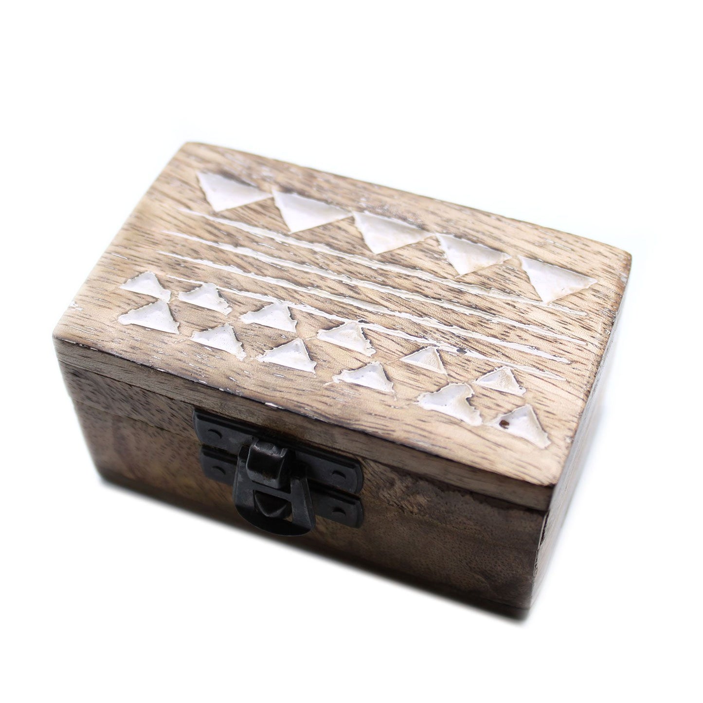 Handgeschnitzte Mangoholz-Box im Aztekendesign, weiß gewaschen - 3x1,5 Pillenbox