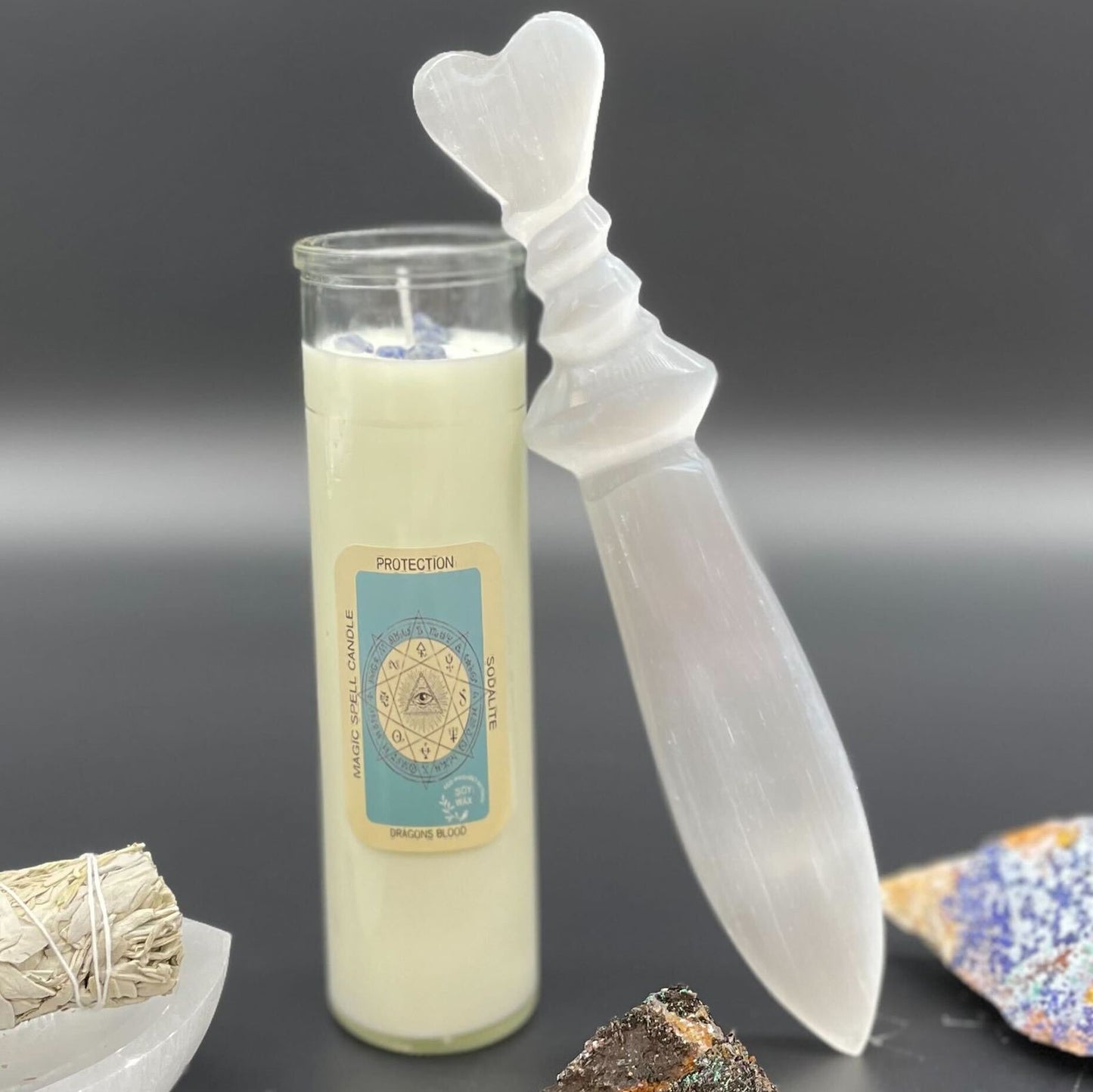 Selenit Ritualmesser mit Spiralgravur – 25 cm für energetische Reinigung