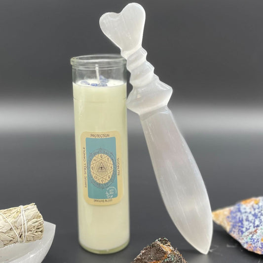 Selenit Ritualmesser mit Spiralgravur – 25 cm für energetische Reinigung