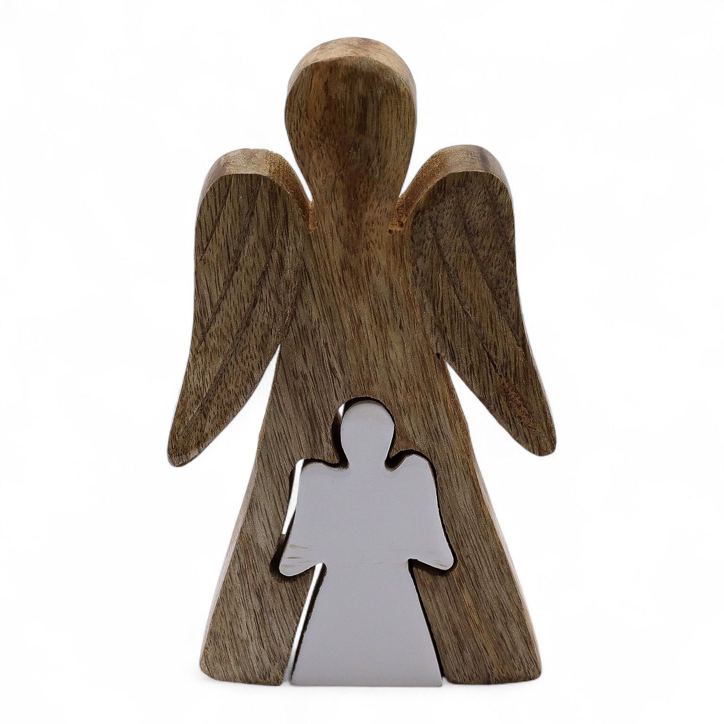 Engelsfigur aus Mango-Holz mit weißer Emaille – Symbol des Schutzes