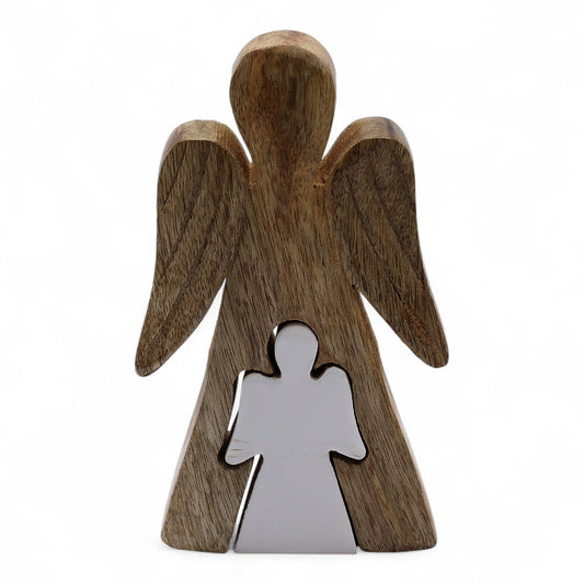 Engelsfigur aus Mango-Holz mit weißer Emaille – Symbol des Schutzes