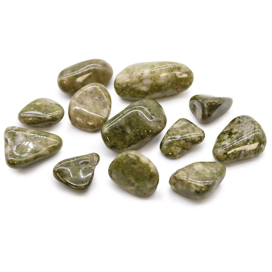 Set mit 12 Trommelsteinen - Epidot Schneeflocke aus Afrika