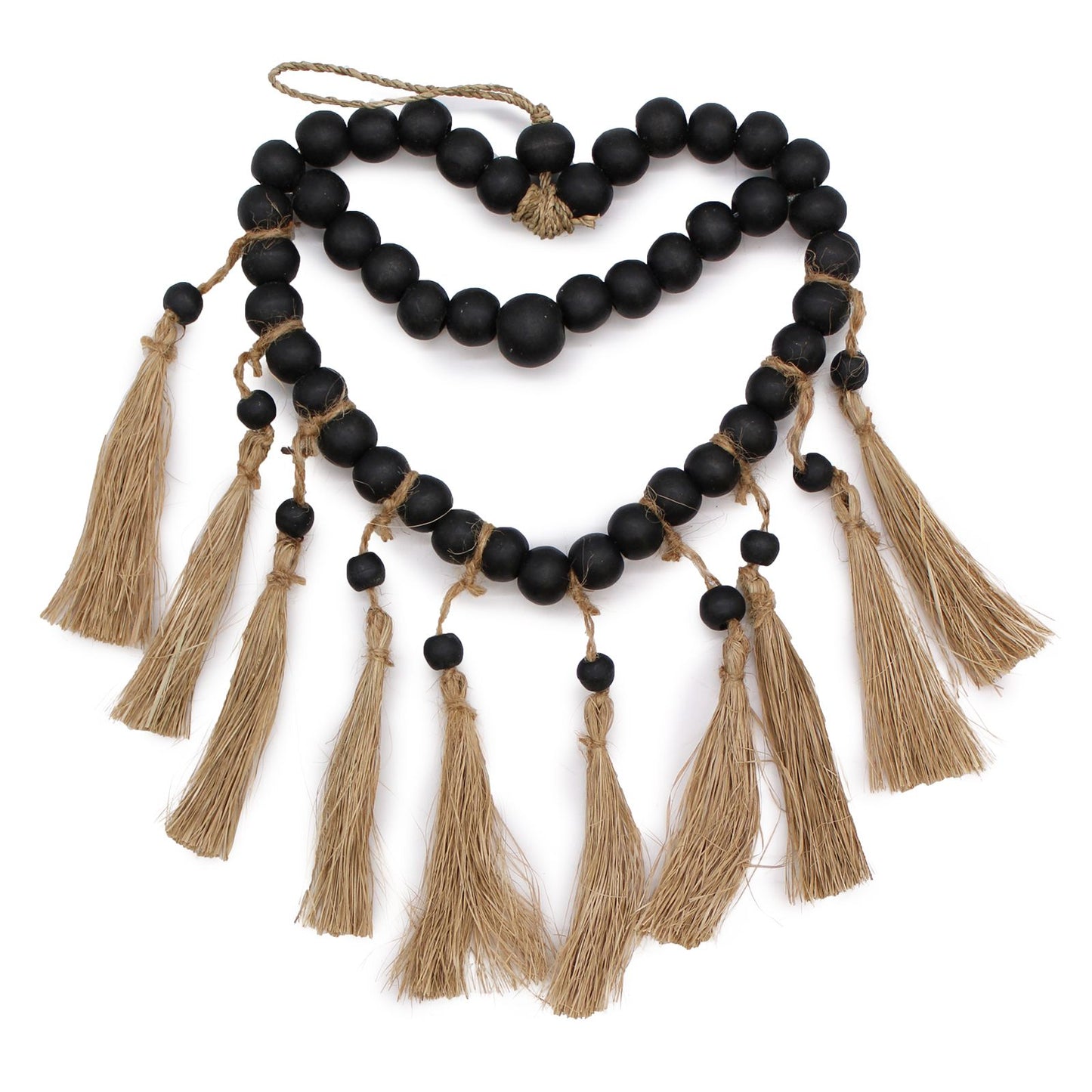 Wandschmuck Herz aus Raffia mit Kiefernholzperlen – Handgefertigte Naturdeko