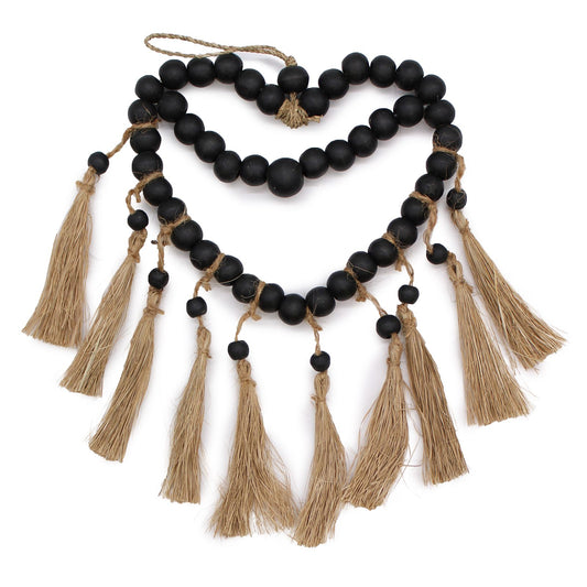 Wandschmuck Herz aus Raffia mit Kiefernholzperlen – Handgefertigte Naturdeko