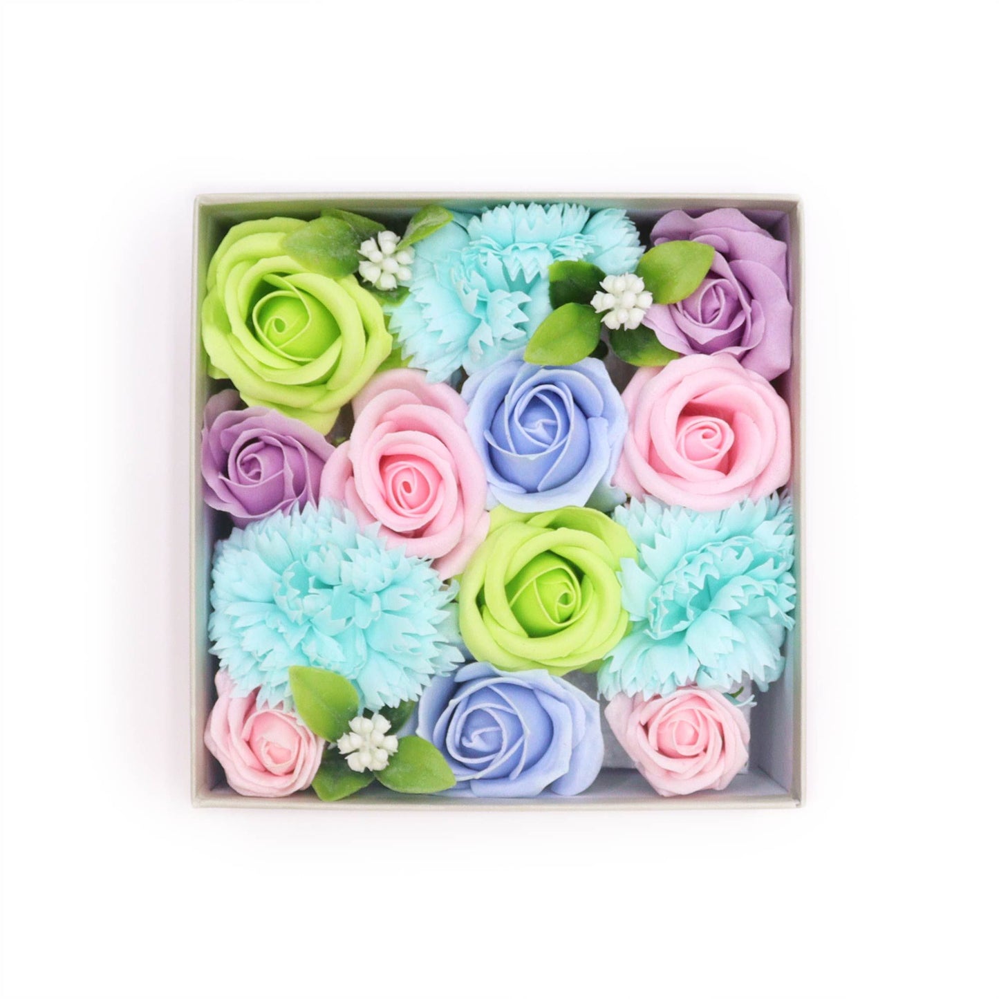 Quadratische Geschenkbox 'Babysegen' in Blau – Mit filigranen Seifenblumen