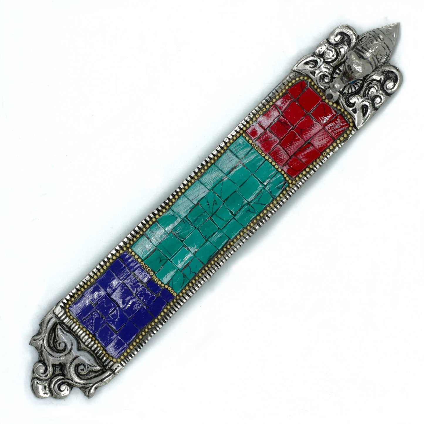 Räucherstäbchenhalter 'Elefant Tibet' - Handgefertigtes Metall-Mosaik in Blau, Rot & Türkis
