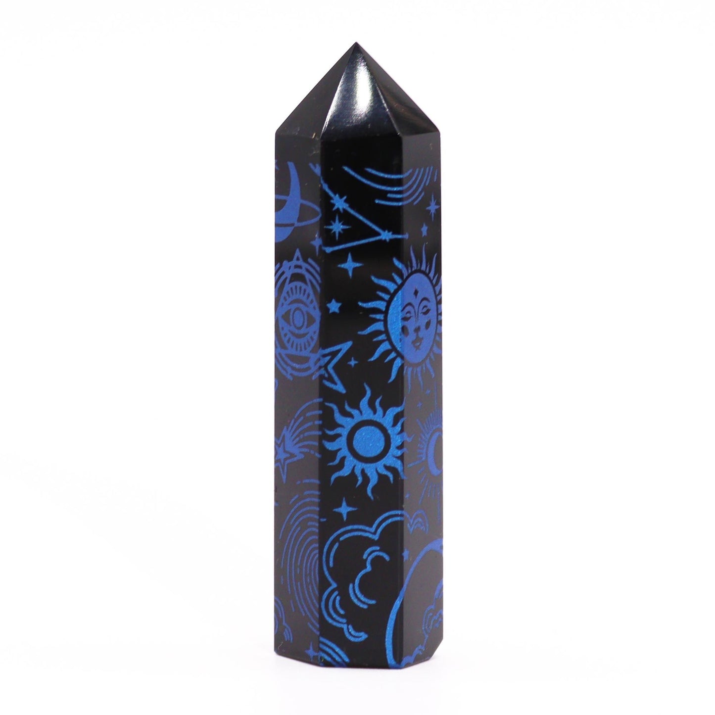 Obsidian-Obelisk 'Midnight Blue' – Handgravierte Energiespitze aus schwarzem Obsidian