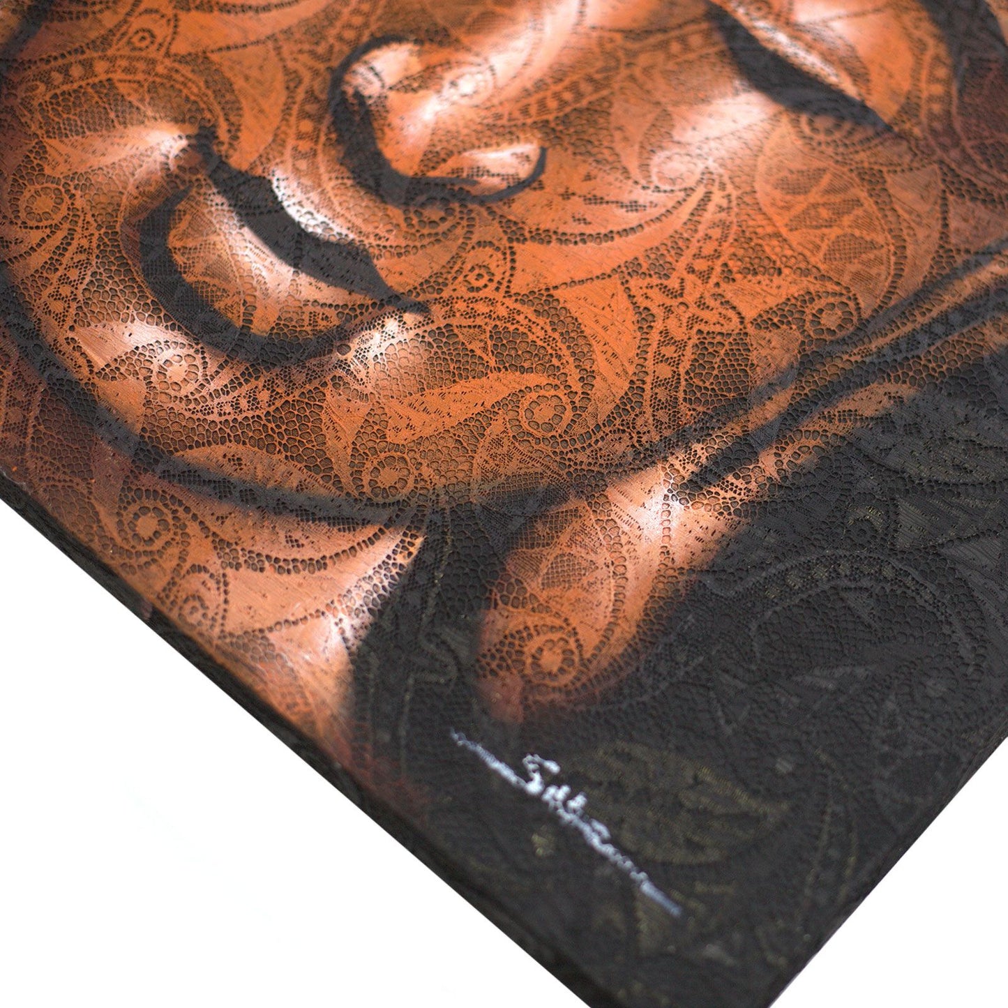 Handgemaltes Buddha Mandala auf Leinwand 60x80 cm - Kupferbrokat & Durran-Holzrahmen
