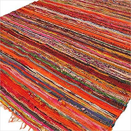 Unikat: Handgewebter Patchworkteppich aus recycelter Baumwolle, Orange (152x90 cm)