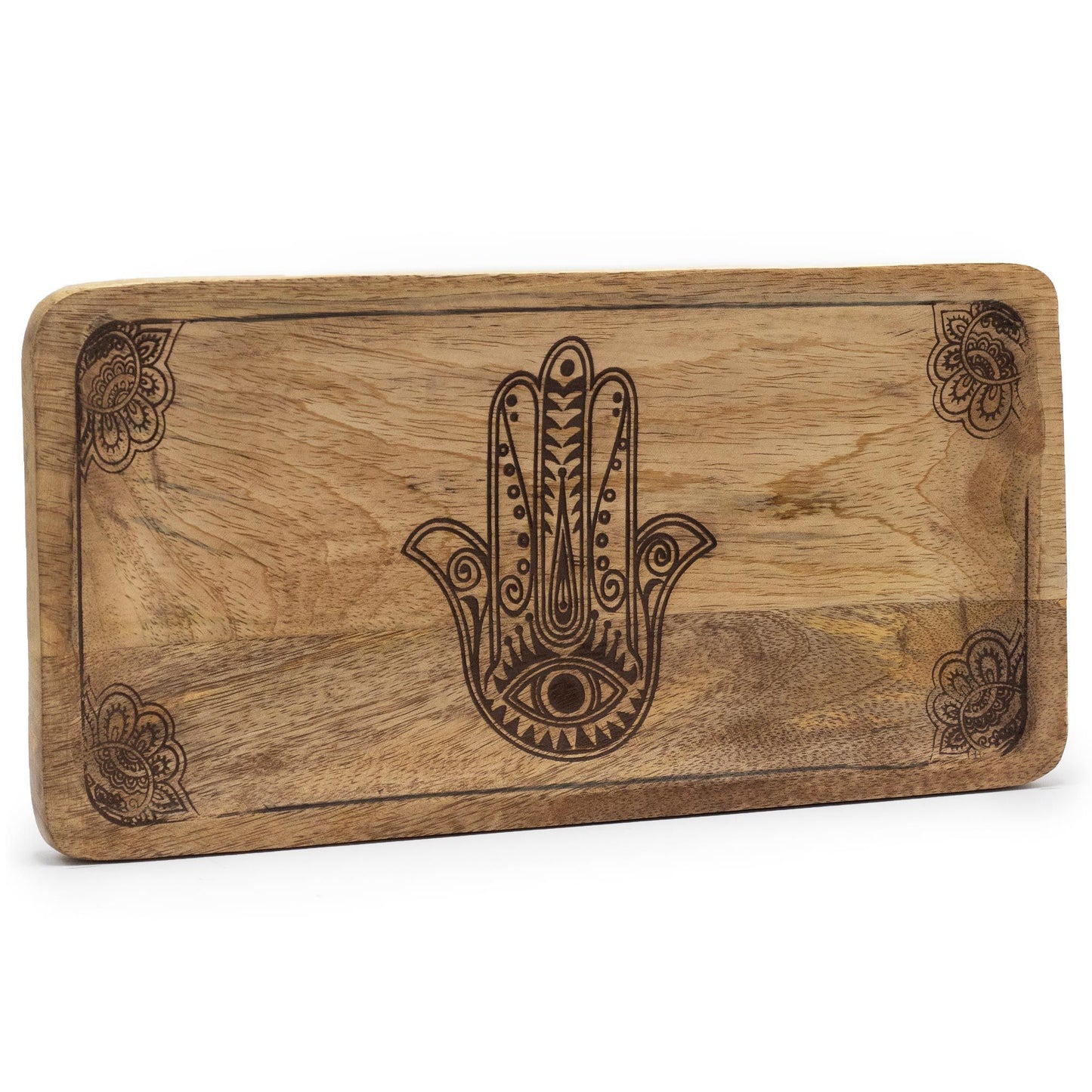 Mangoholz Tablett mit Hamsa-Gravur - 30x15 cm in Tiefschwarz