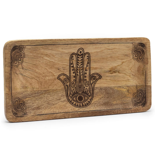 Mangoholz Tablett mit Hamsa-Gravur - 30x15 cm in Tiefschwarz