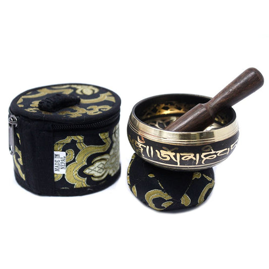 Klangschalen-Set in Schwarz mit Samtbeutel – Handgefertigte Meditationsschale aus Messing