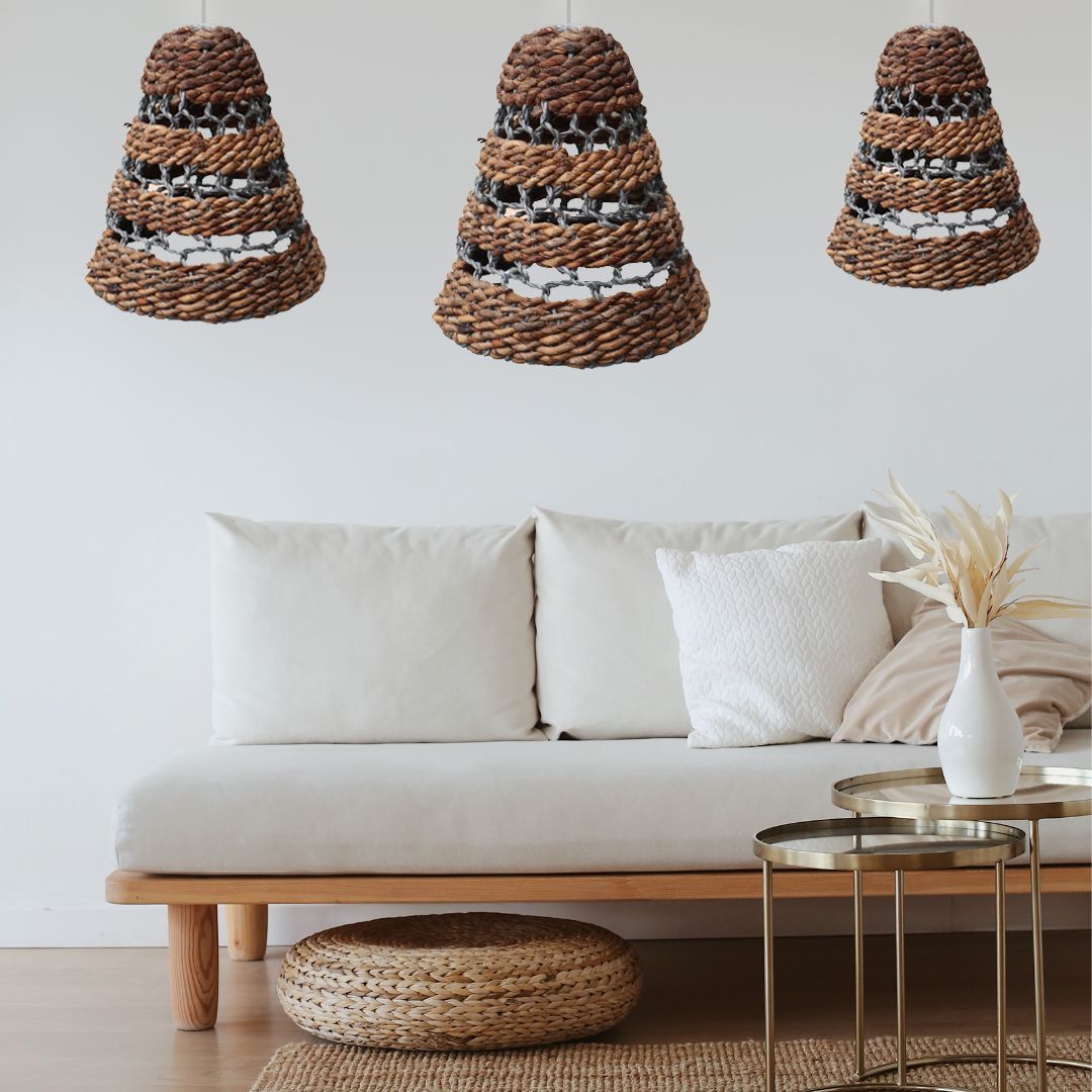 Set aus 3 Lampenschirmen - Natürliche Bananenblätter & schwarze Raffia