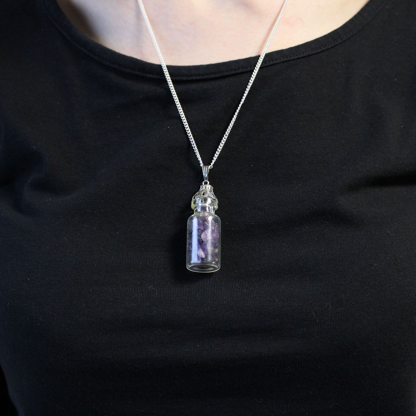 Amethyst Flaschenanhänger Kette - Versilbert mit Naturstein