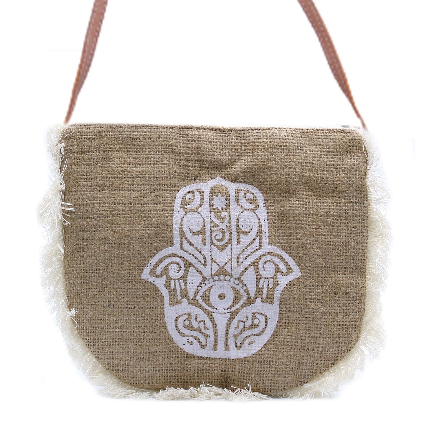 Jute-Tasche 'Hamsa' mit Fransen – Handgesticktes Unikat