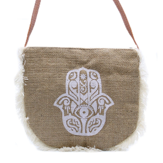 Jute-Tasche 'Hamsa' mit Fransen – Handgesticktes Unikat