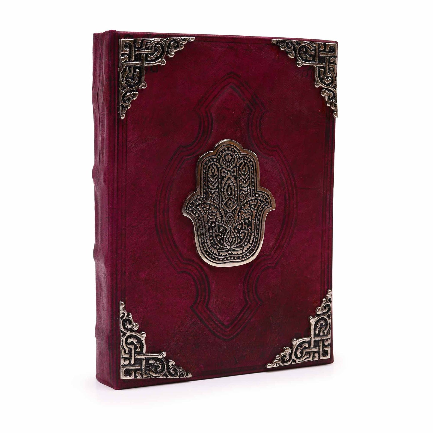 Notizbuch aus Leder in Karmesinrot mit Hamsa-Motiv – 200 Seiten mit Deckle Edge