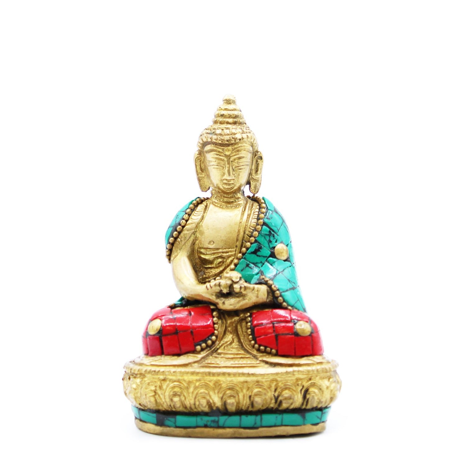 Buddha Figur Amitabha aus Messing - 9,5 cm mit Howlit-Einlagen - Handgefertigt
