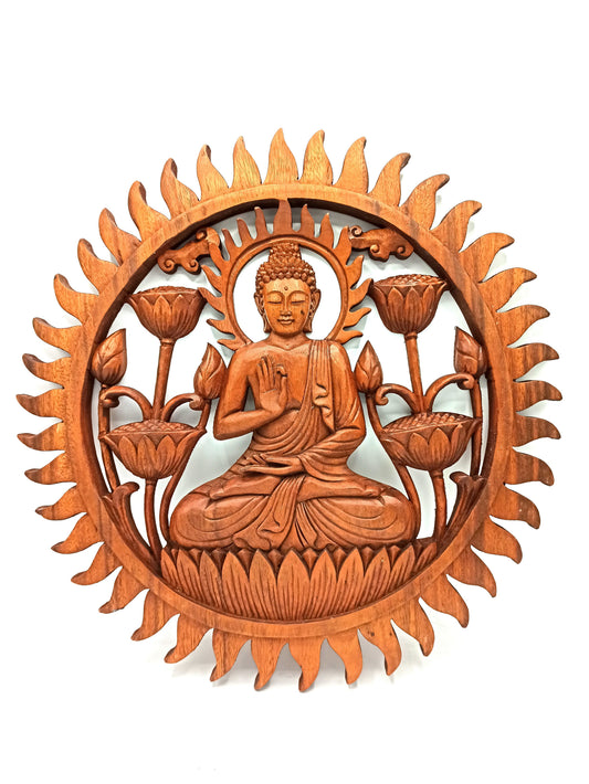 Handgeschnitztes Wandrelief Buddha & Lotus – 40 cm Unikat aus Suar-Holz