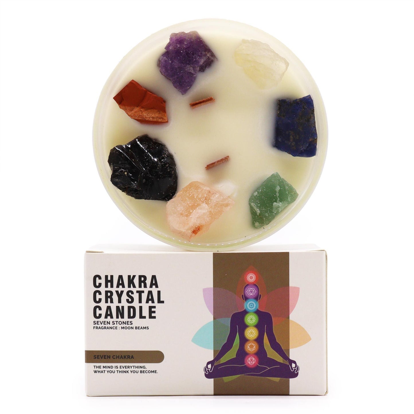 Chakra-Kristallkerze 'Mondstrahlen' mit 7 Heilsteinen