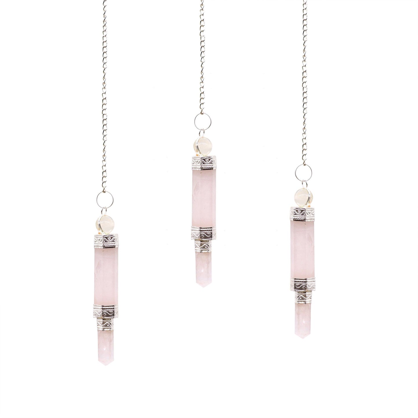 Rosenquarz Pendel-Set – 3 handgefertigte Pendel mit silberner Kette