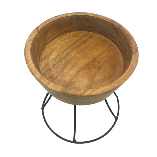 Erhabene Teakholz-Schale mit Metallständer – 15 cm Servier- und Deko-Schale