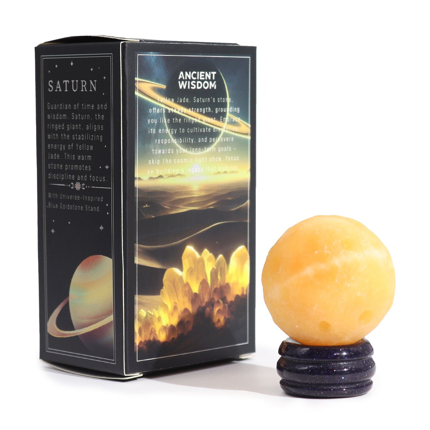 Saturn Edelsteinkugel aus Gelbem Jade – 40mm auf Goldfluss-Sockel