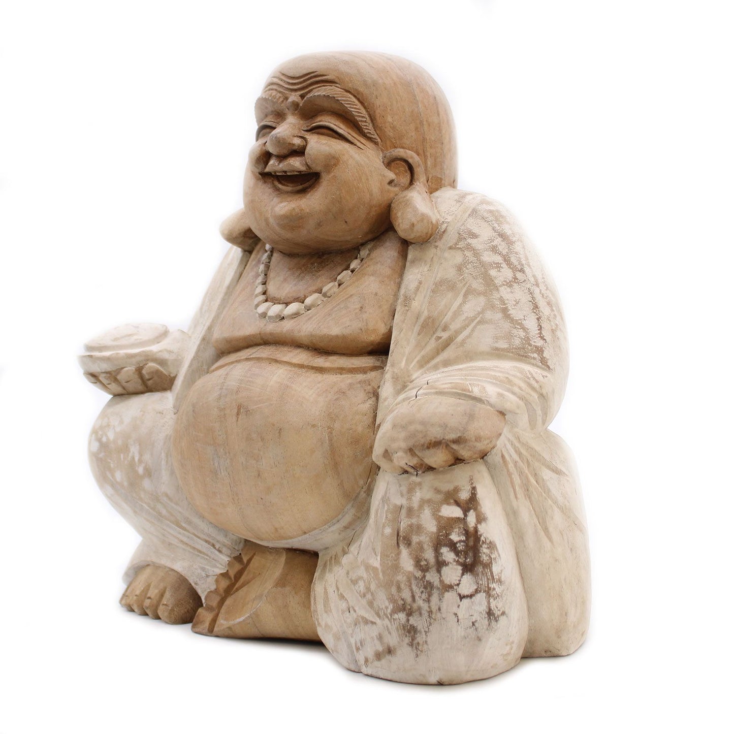 Handgeschnitzte Buddha-Statue aus Suarholz - Weiß gewaschen, 30 cm