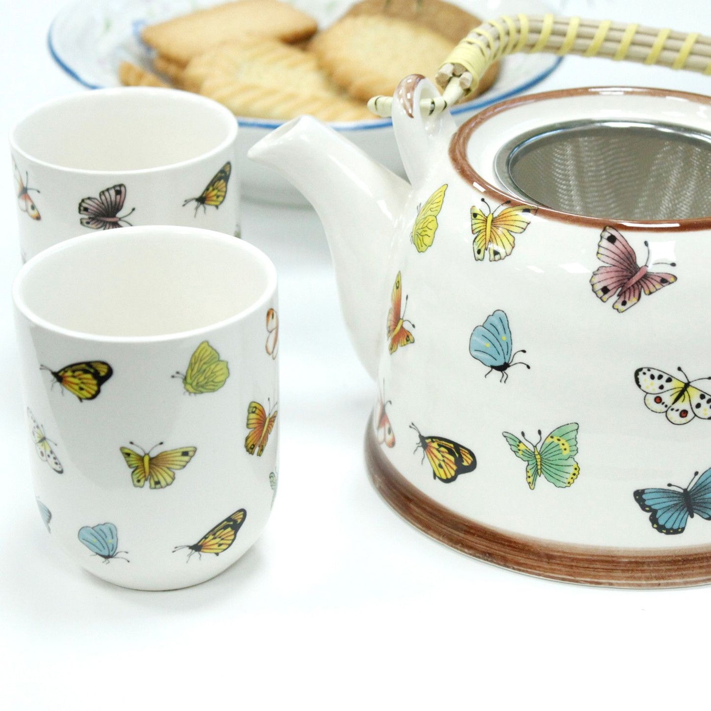 Keramik-Teekanne 'Butterflies' mit 6 Tassen – Set für losen Tee