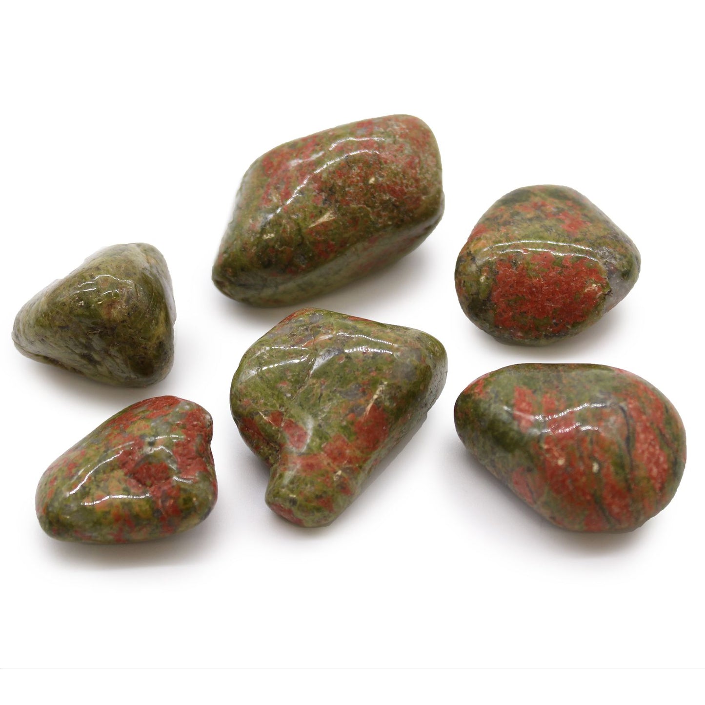 Set mit 6 großen Unakite Trommelsteinen aus Afrika