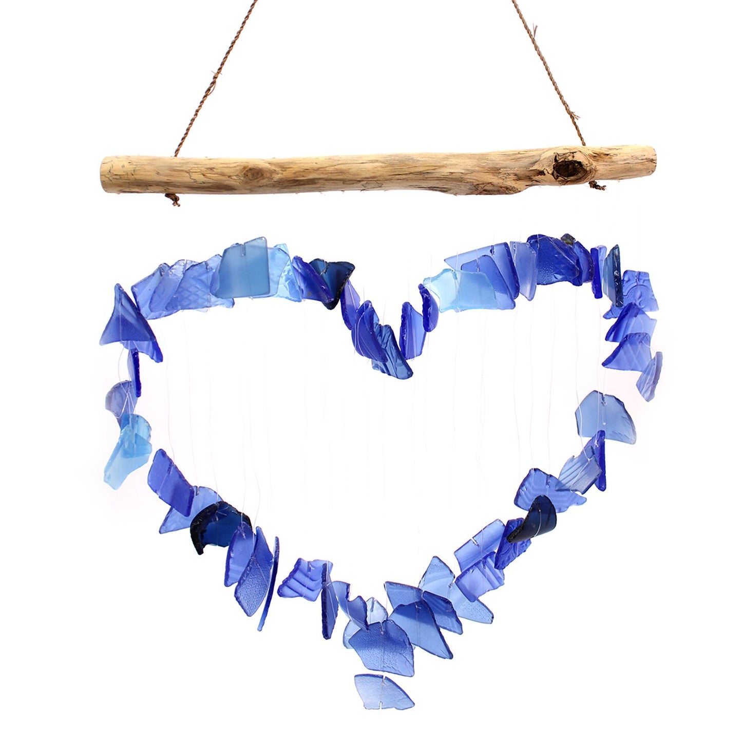 Windspiel 'Love Chime' in Blau - Handgefertigt aus Recyclingglas & Treibholz