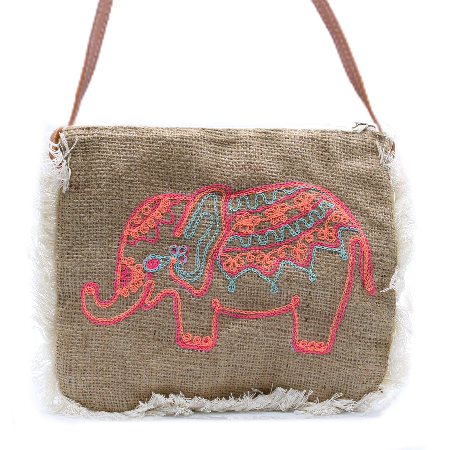 Jute-Fransentasche 'Elefanten-Stickerei' – Handgefertigter Naturlook