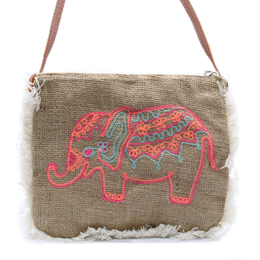 Jute-Fransentasche 'Elefanten-Stickerei' – Handgefertigter Naturlook