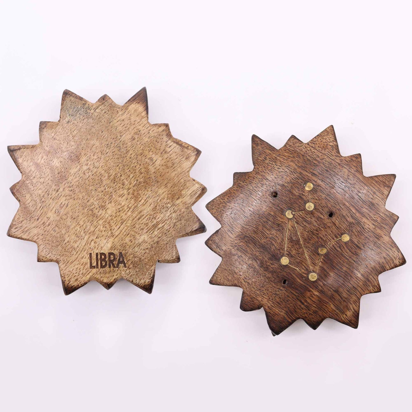 Set mit 12 Räuchersonnen - Gravur der Tierkreiszeichen in Mangoholz und Messing