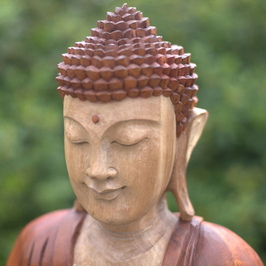 Handgeschnitzte Buddha Statue aus Suar-Holz – Denkende Haltung, 30 cm