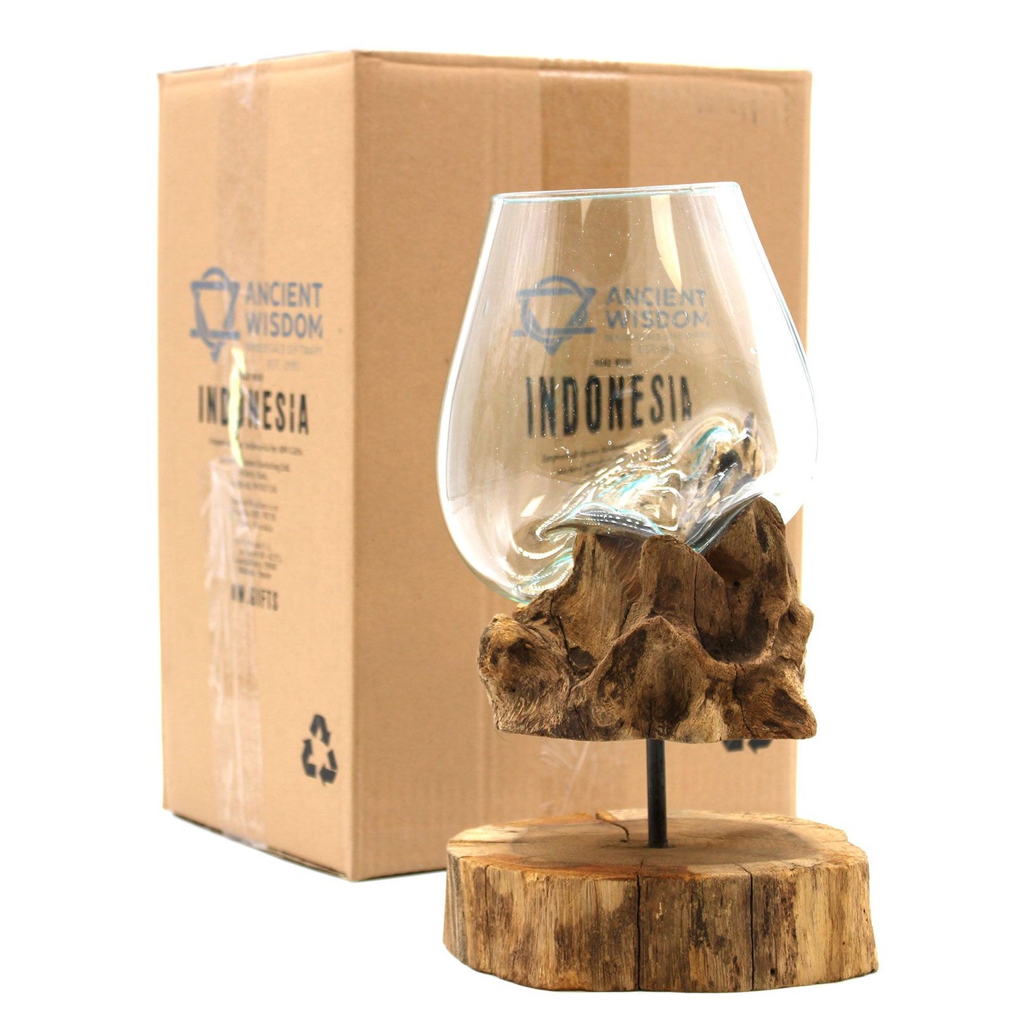 Große Glas-Holz-Schale auf Ständer - Handgefertigtes Unikat aus Bali
