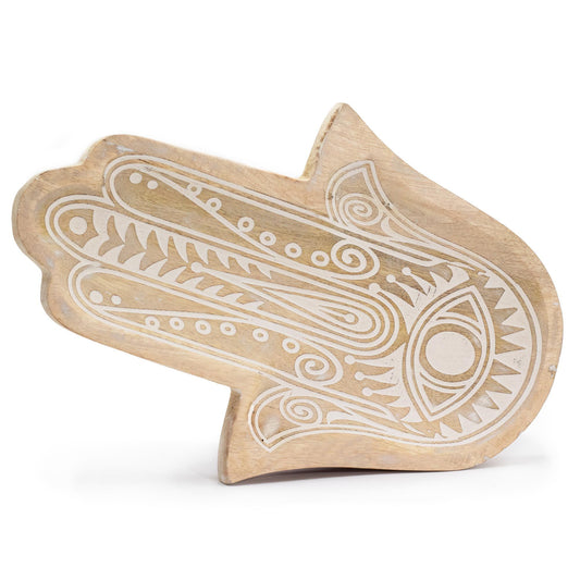 Mangoholz Langtablett mit Hamsa-Gravur - Weiß getönt, 30x20,5x2,5 cm